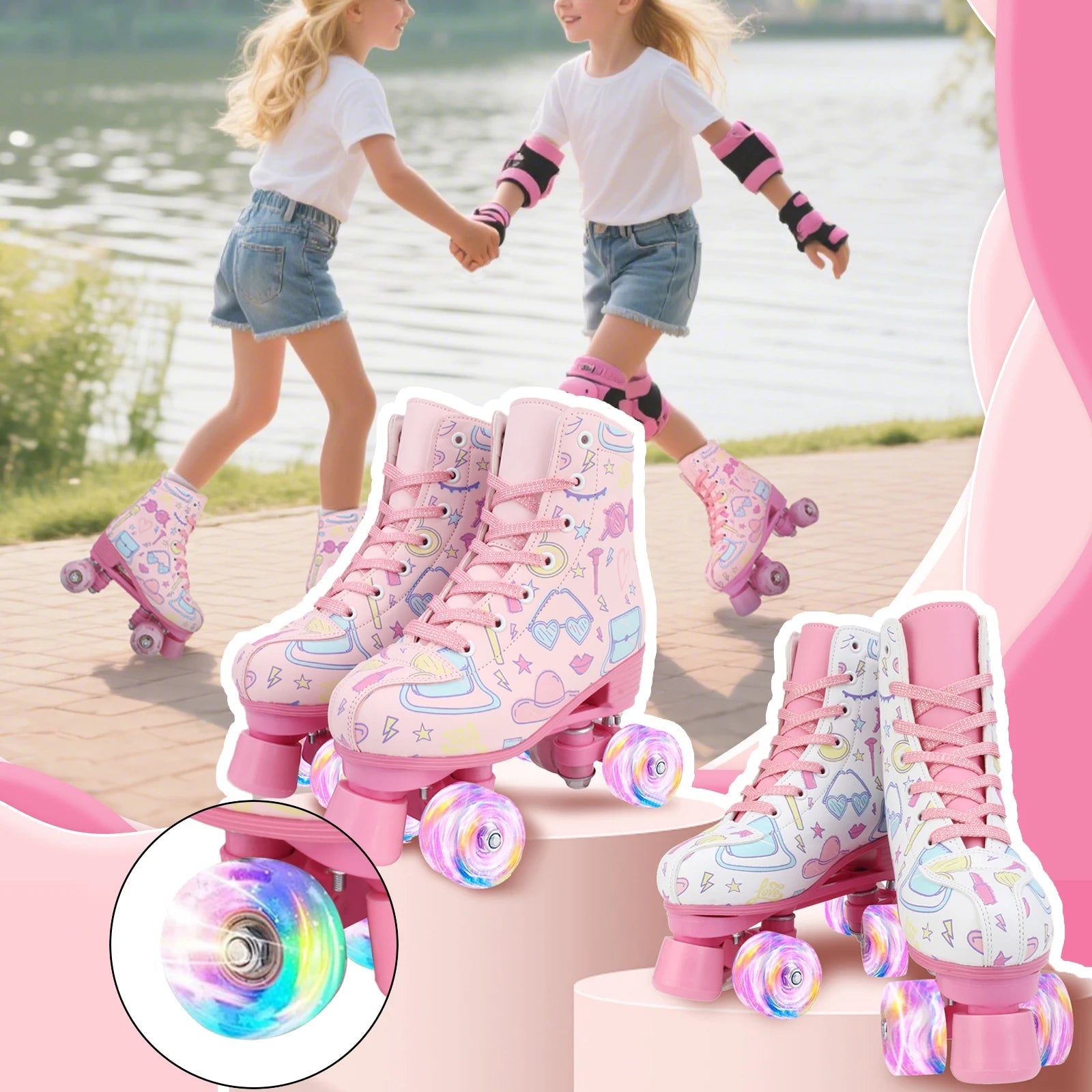 Double-row quad roller skates with flashing wheels for women and girls